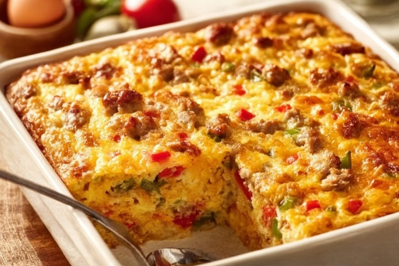 Martha Stewart's hash brown casserole served in a baking dish