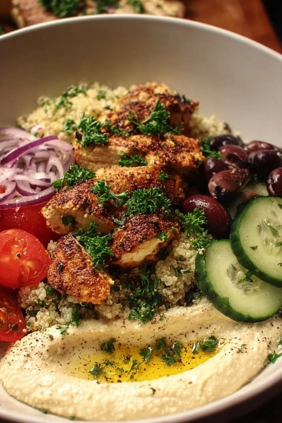 Mediterranean Chicken Bowl topped with fresh vegetables and herbs