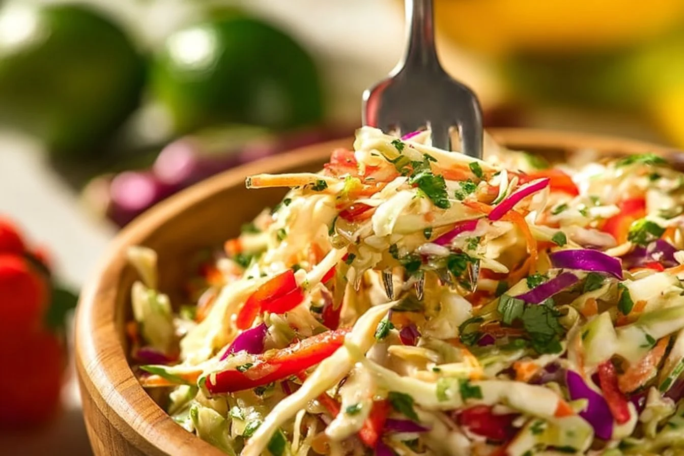 Fresh Mexican coleslaw topped with cilantro lime dressing in a bowl