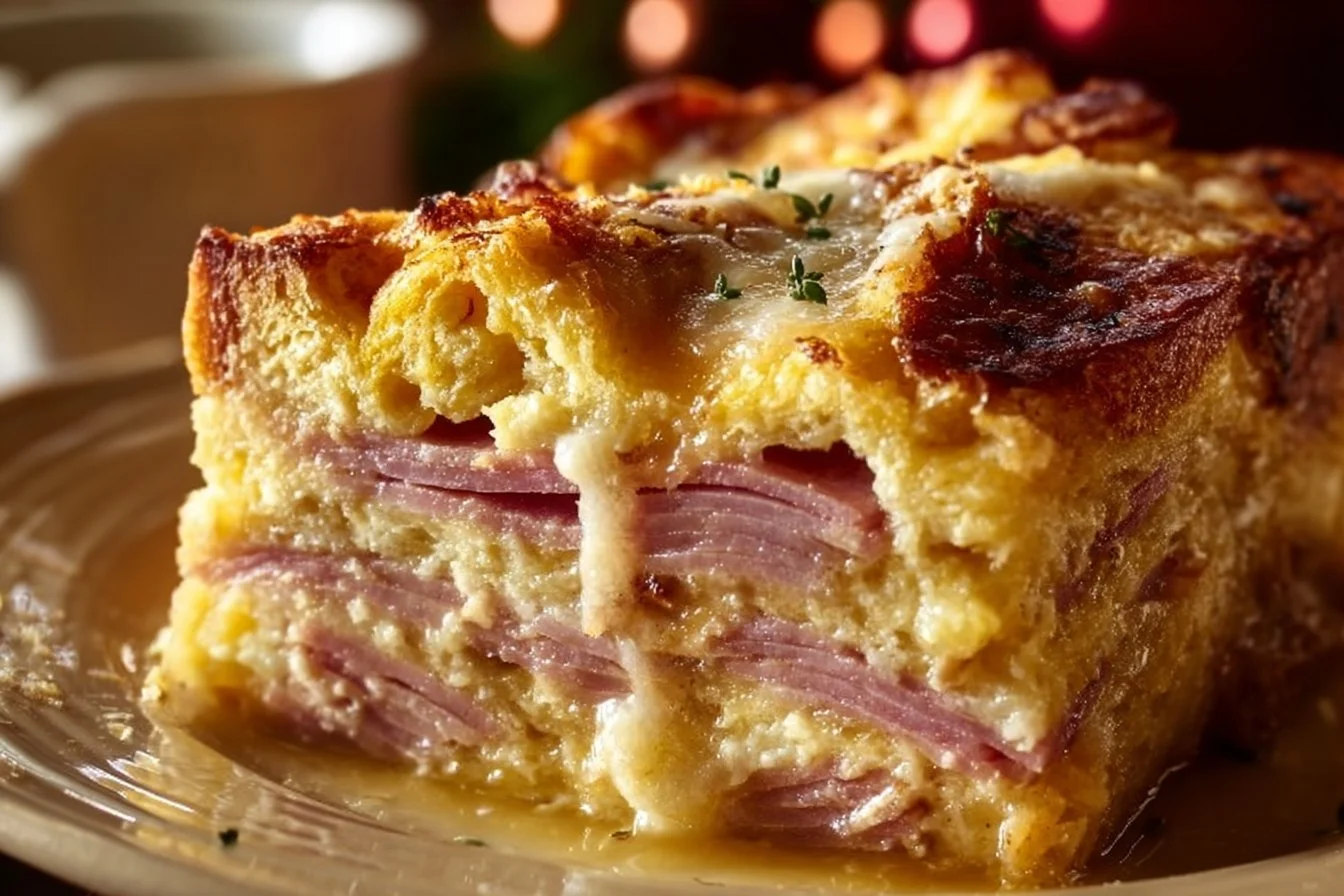 Monte Cristo breakfast casserole served with syrup and powdered sugar