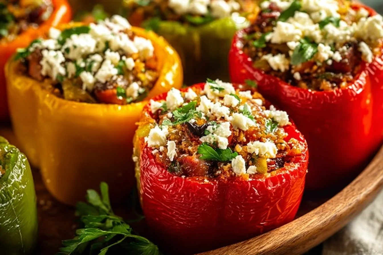 Delicious Greek stuffed bell peppers filled with savory ingredients.