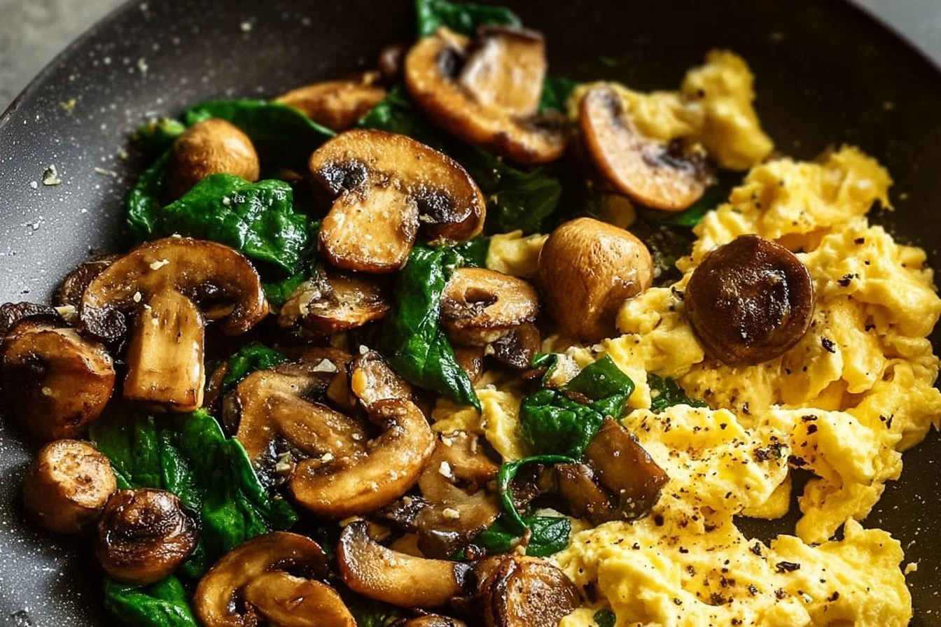 Delicious Mushroom Spinach Scrambled Eggs served on a plate