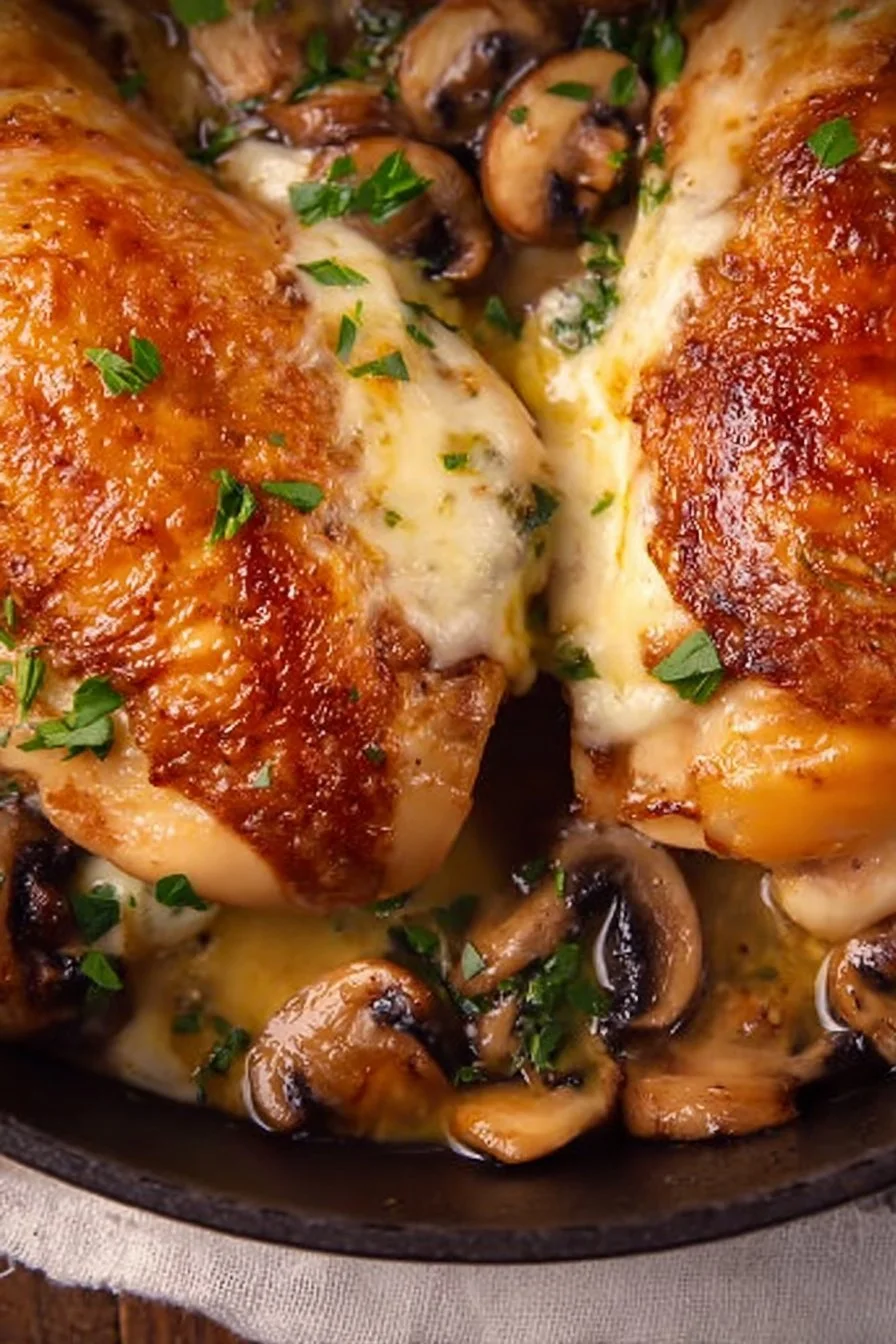 Mushroom Stuffed Chicken Breast 5 Mushroom Stuffed Chicken Breast served on a plate with garnish