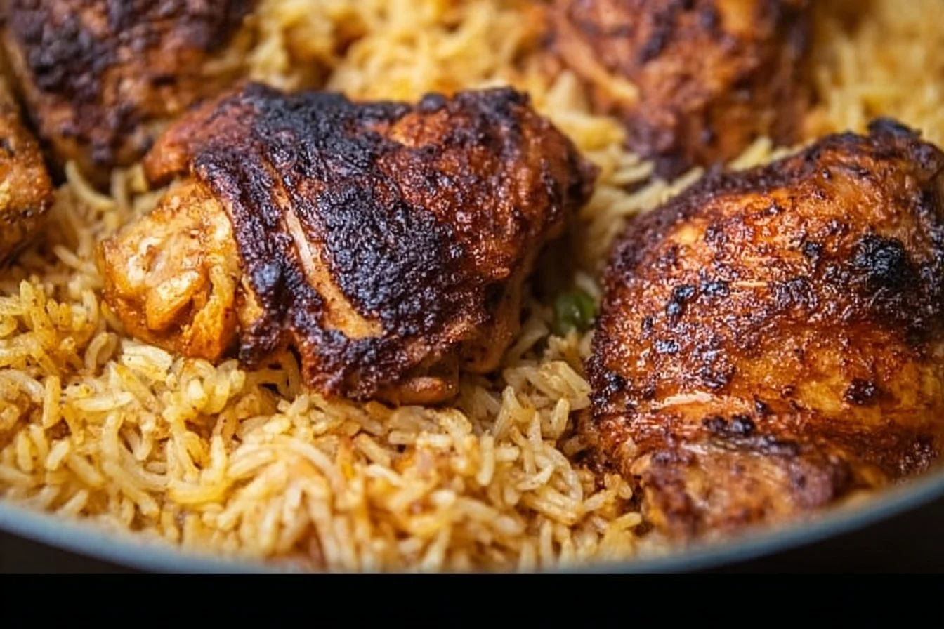 One Pot Chicken and Rice dish, showcasing tender chicken and fluffy rice in a single serving.