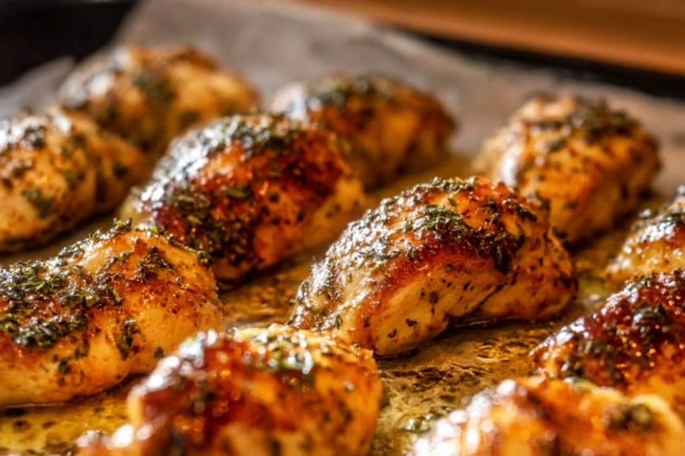 Oven-baked boneless skinless chicken breasts seasoned with garlic and herbs