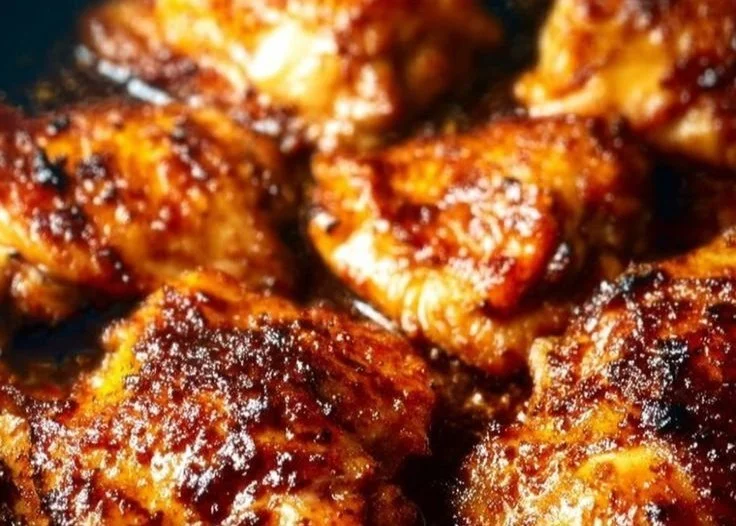 Oven baked boneless skinless chicken thighs on a plate with herbs and spices