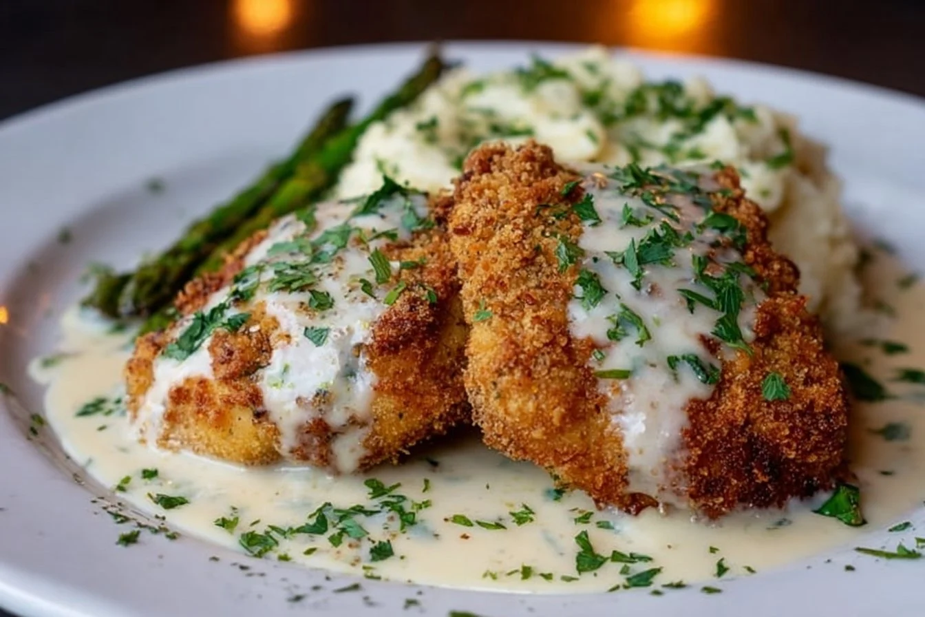 Parmesan Crusted Chicken with Creamy Garlic Sauce
