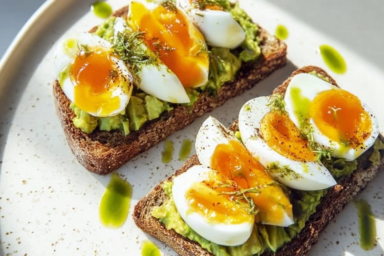 Pesto avocado toast topped with eggs on a plate