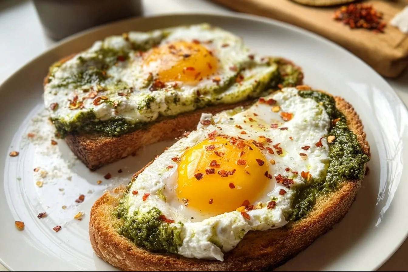 Pesto Eggs 5 Delicious pesto eggs served on a plate, garnished with fresh herbs.