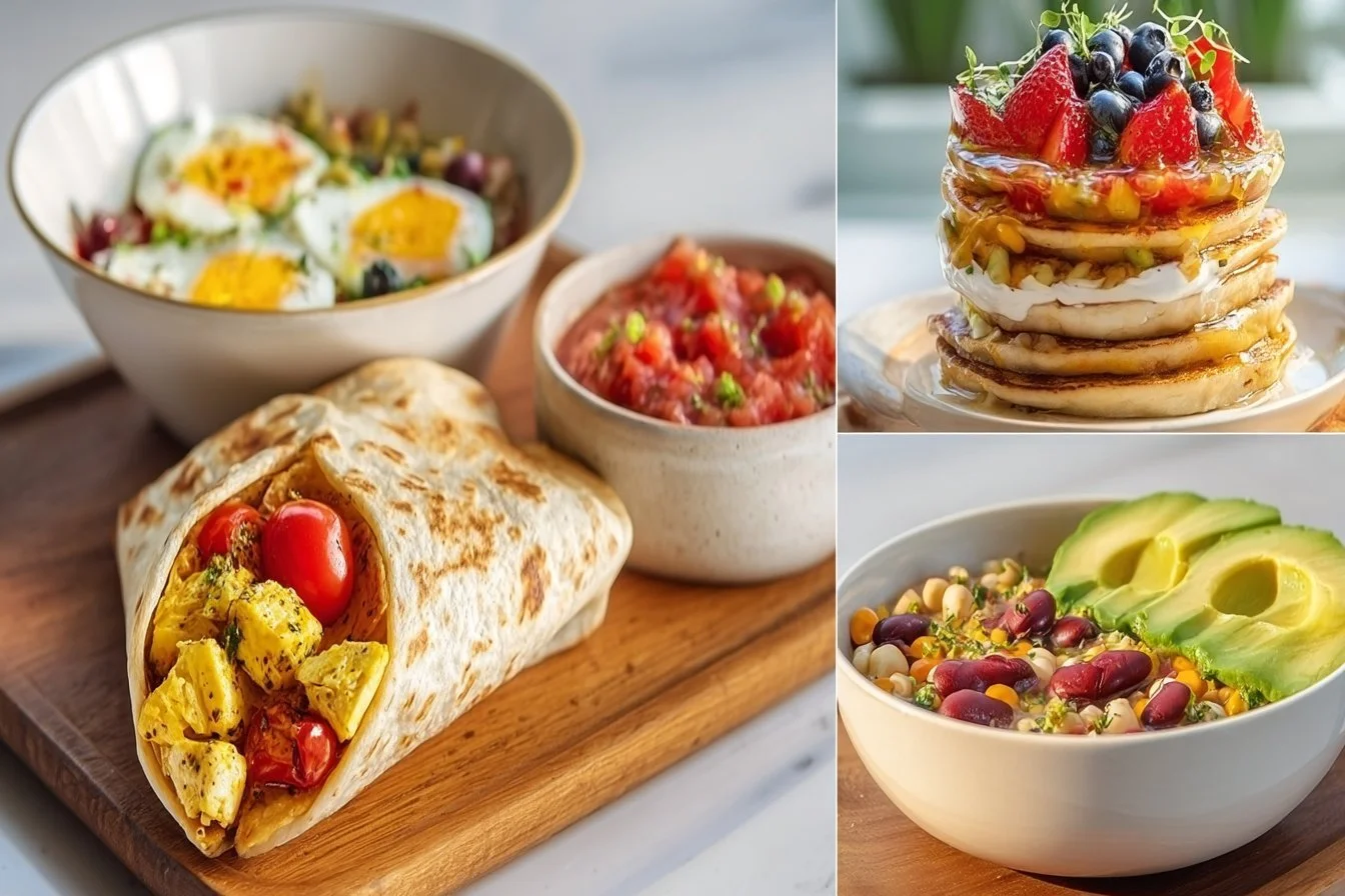 Fluffy protein pancakes stacked with fresh fruits for a healthy breakfast