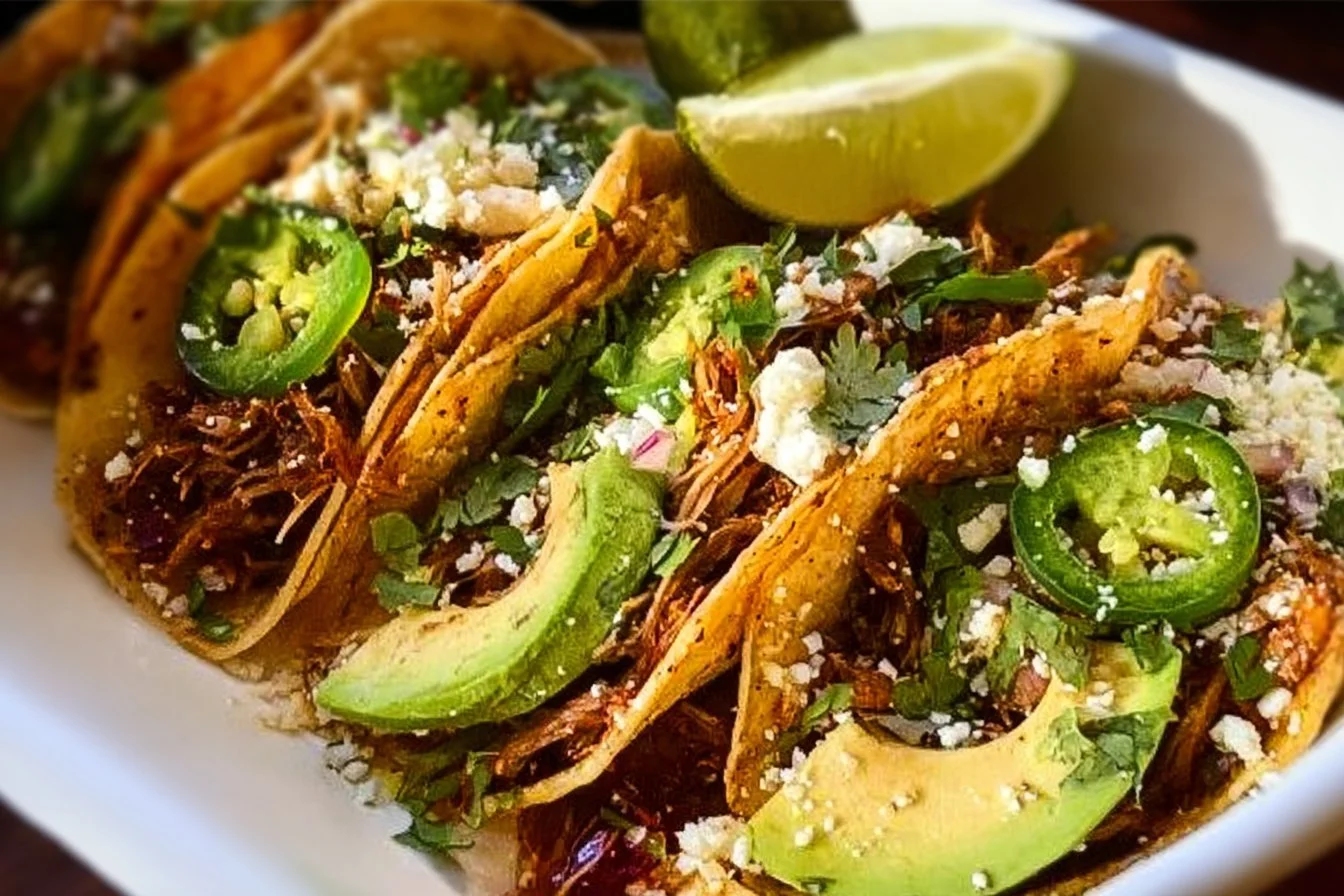 Pulled Pork Carnitas Street Tacos 4 Delicious pulled pork carnitas street tacos garnished with fresh cilantro and onions.