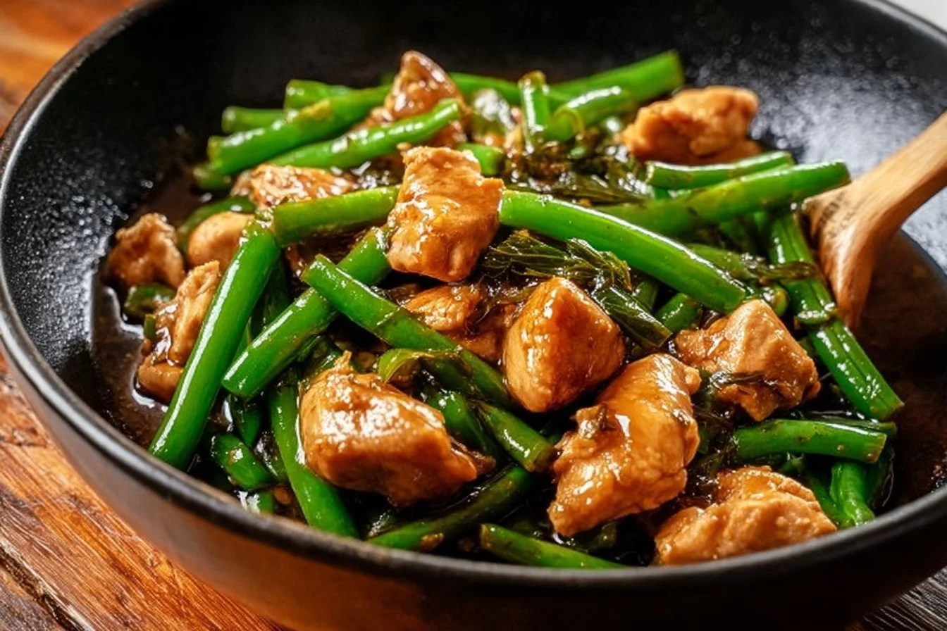 Quick chicken breast with green beans dish on a plate, ready to serve.