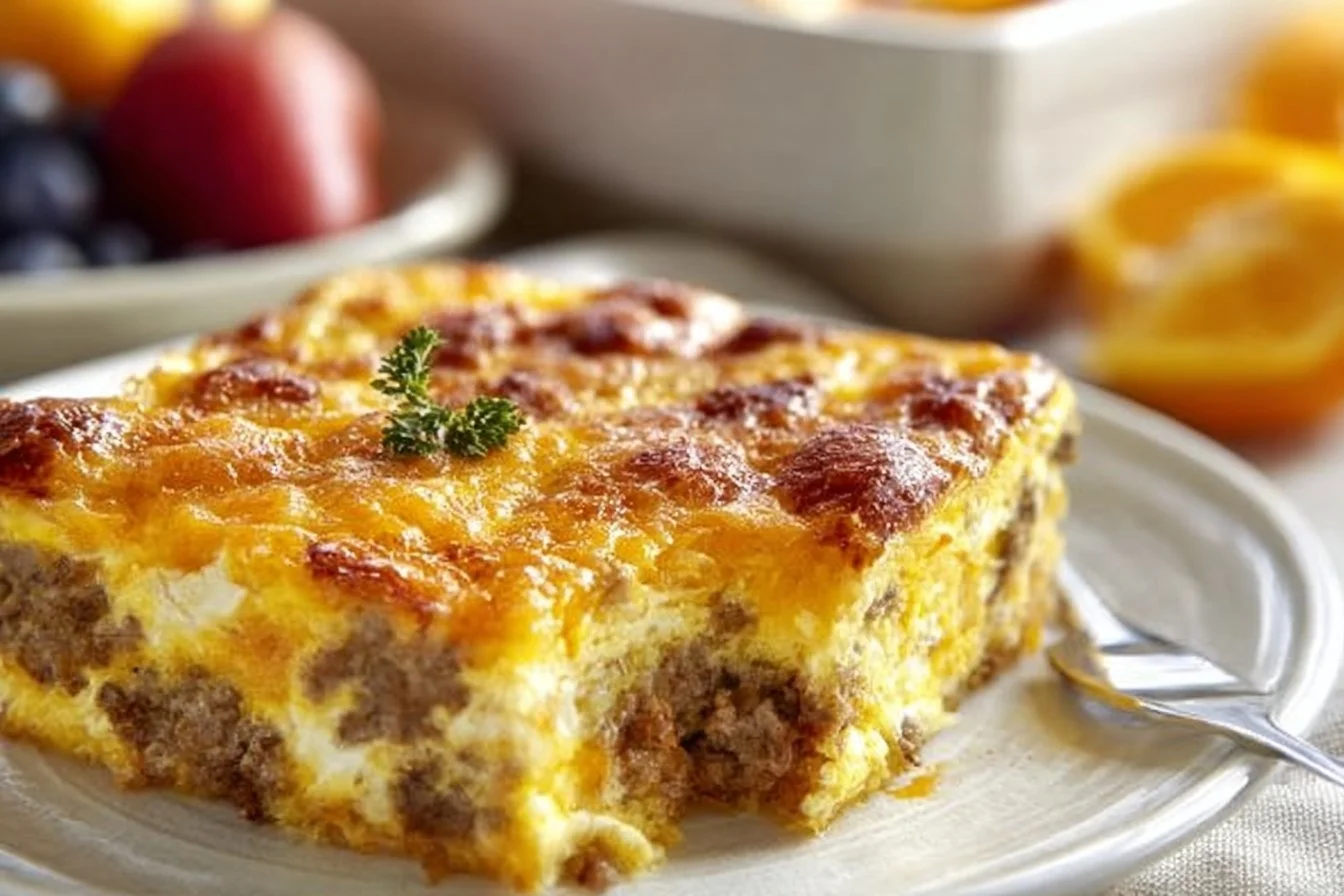 Quick Overnight Sausage and Egg Casserole 4 Quick overnight sausage and egg casserole served in a baking dish