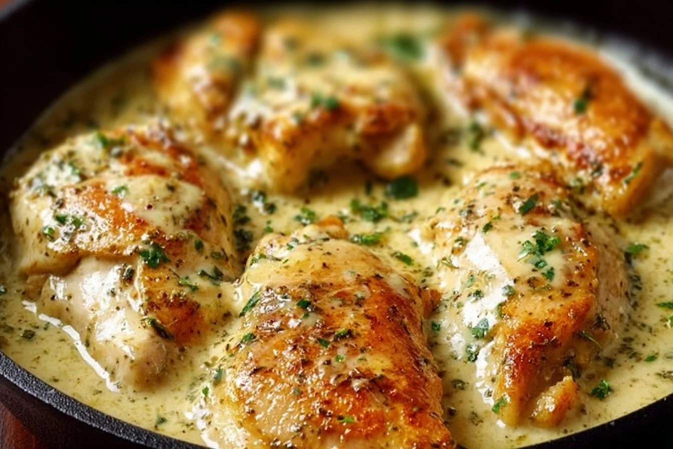 Ranch Chicken Crock Pot Recipe with creamy sauce and garnished herbs.