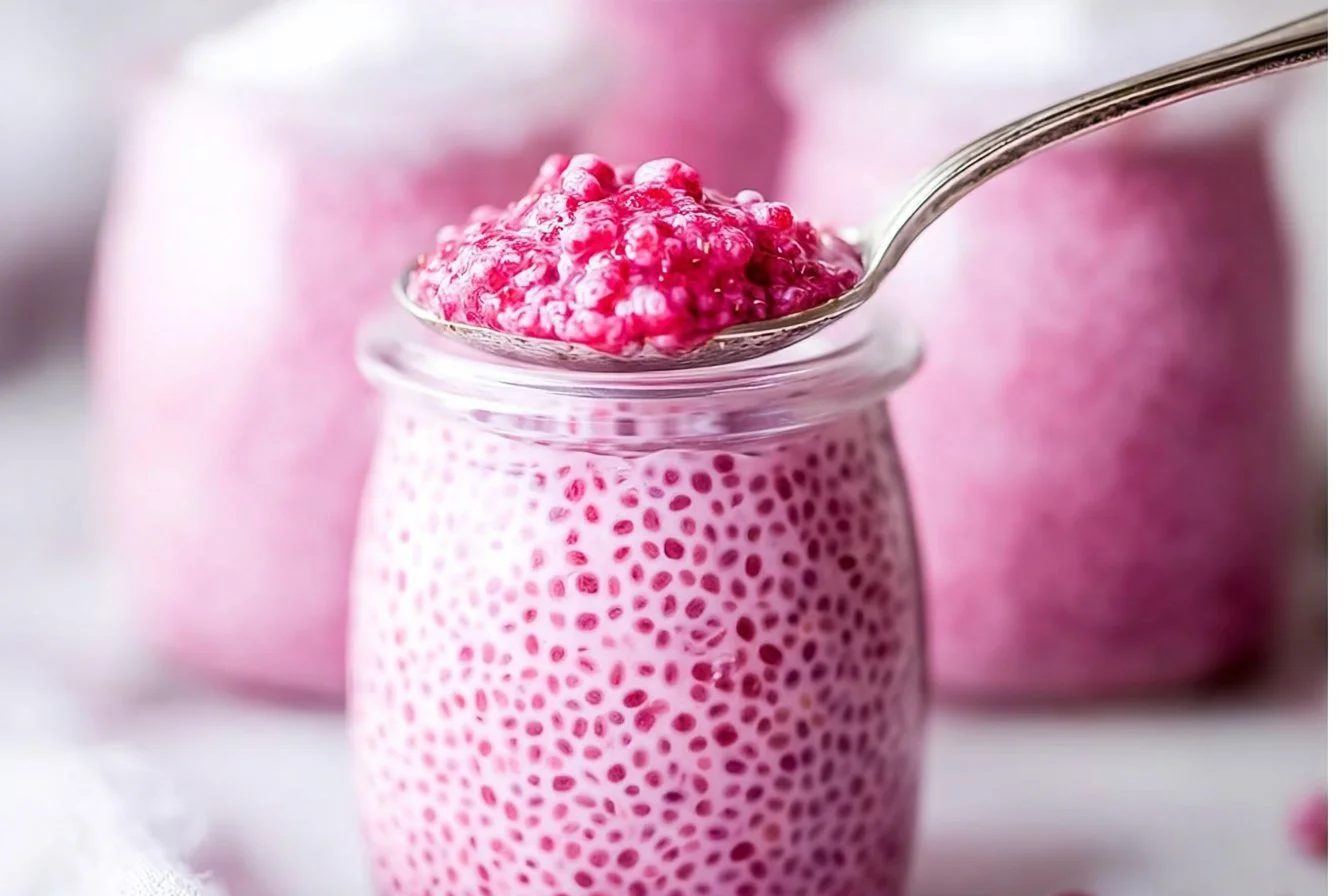 Delicious raspberry chia pudding topped with fresh raspberries and maple syrup