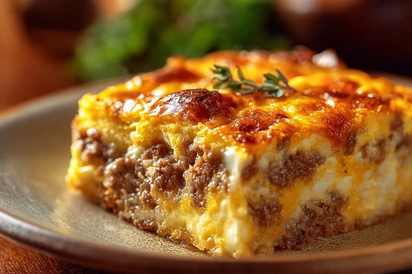 Delicious Sausage and Egg Casserole fresh out of the oven, served on a plate.
