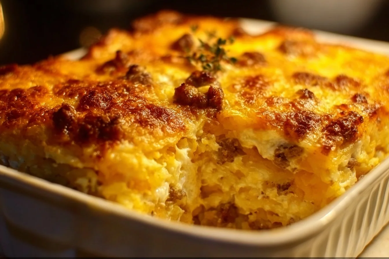 Sausage Egg and Cream Cheese Hashbrown Casserole 5 Sausage Egg and Cream Cheese Hashbrown Casserole served in a baking dish