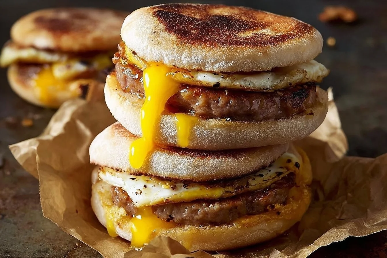 Delicious Sausage Egg Cheese McMuffin on a breakfast plate