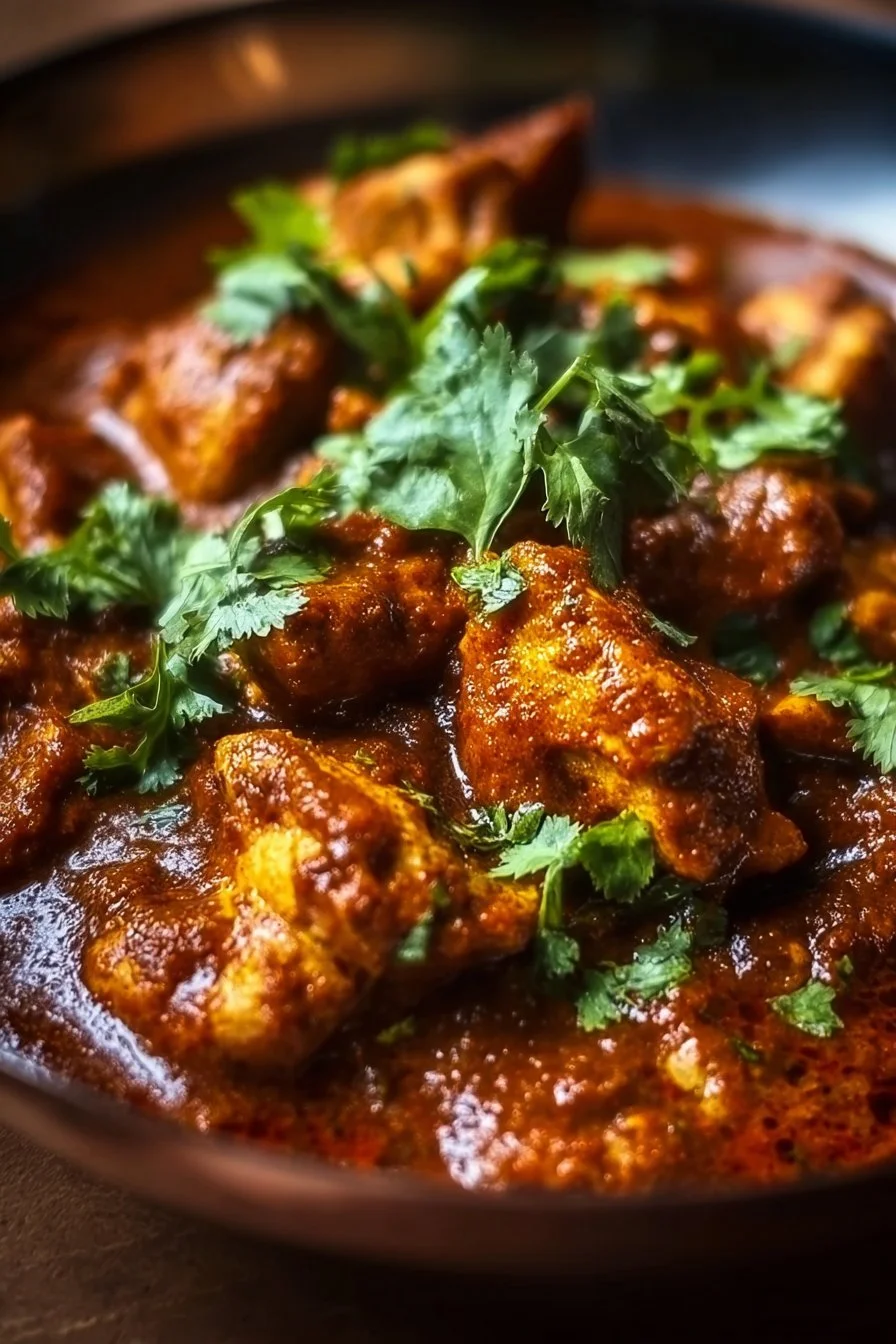 Savory Chicken Bhuna 4 Delicious plate of savory chicken bhuna served with rice and herbs
