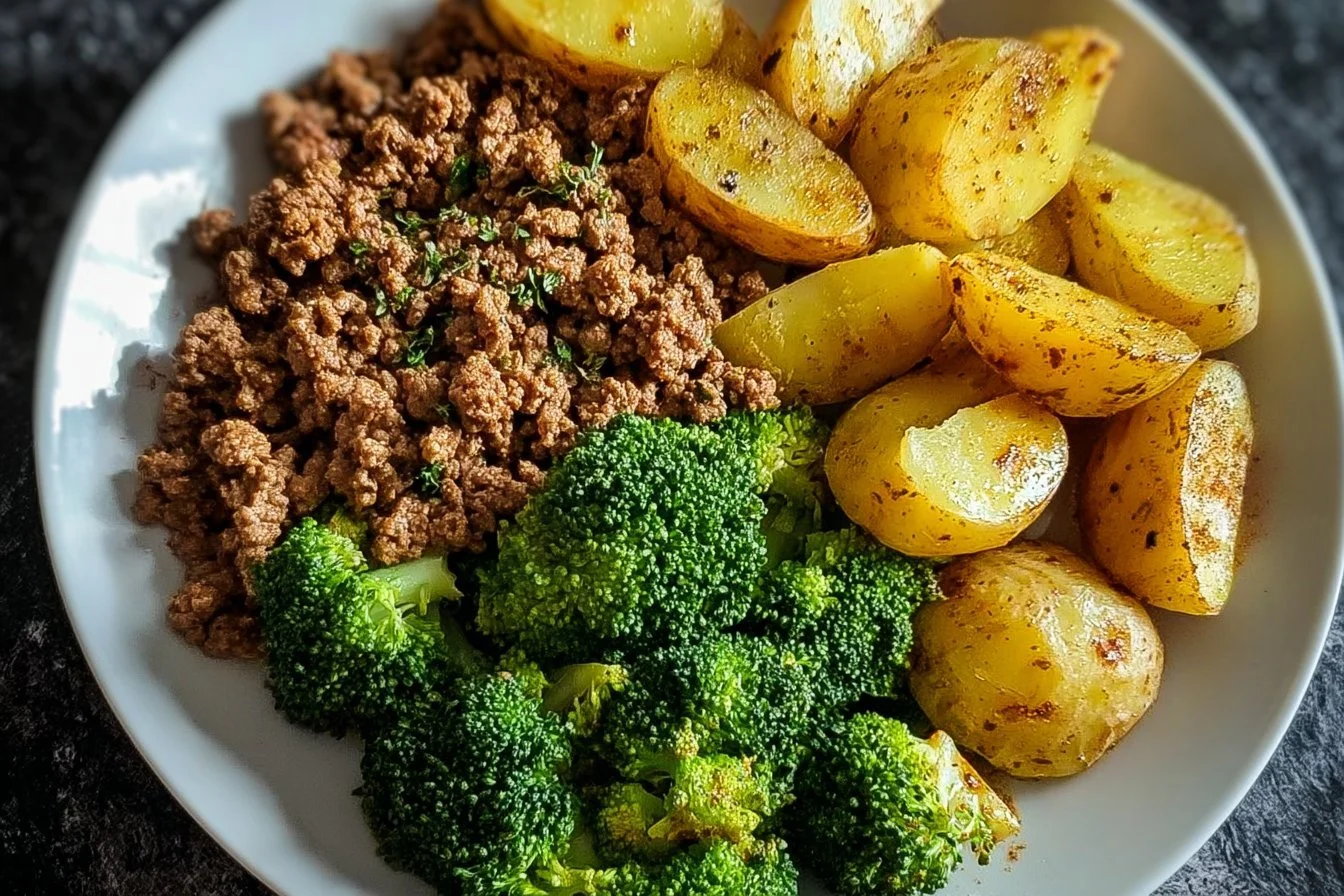 Savory Ground Beef with Herb-Roasted Potatoes & Steamed Broccoli 6 Savory Ground Beef with Herb-Roasted Potatoes & Steamed Broccoli