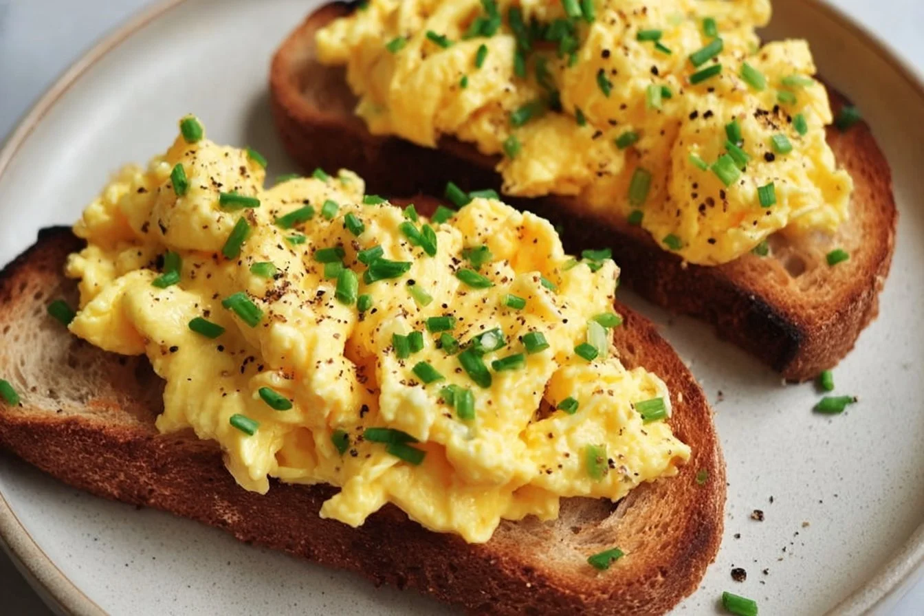Scrambled egg toast topped with fresh herbs and served on whole-grain bread.
