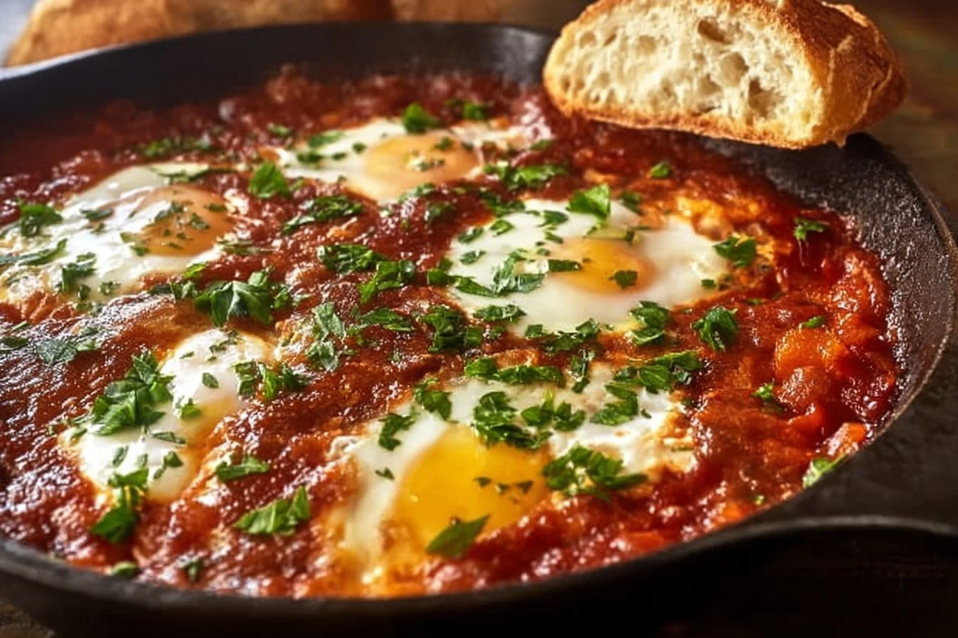 Delicious shakshuka for two served in a skillet on a wooden table.