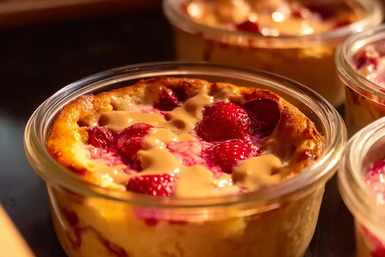 Fluffy baked protein pancake bowls served with fresh fruits and syrup