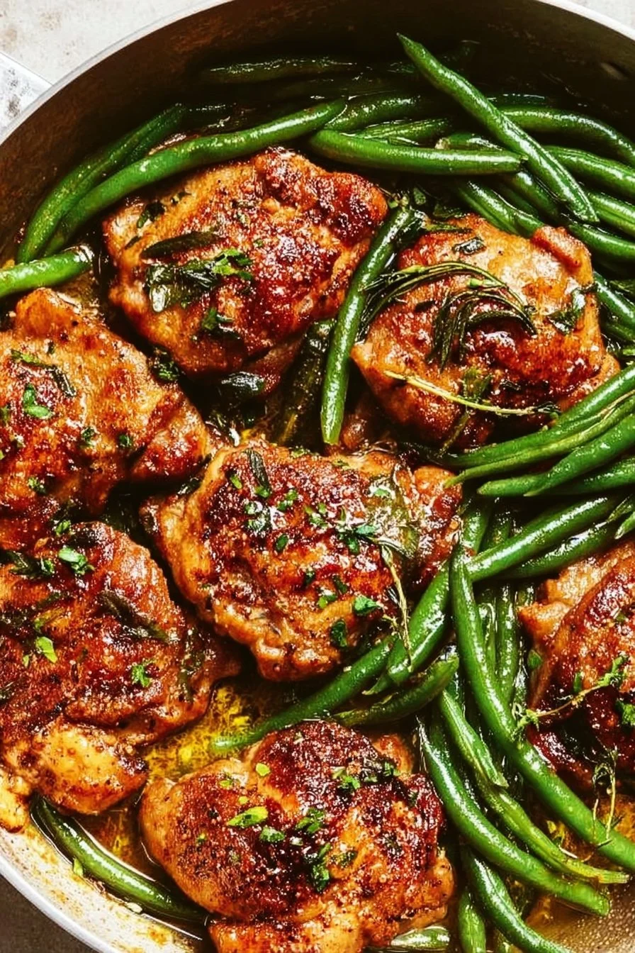 Skillet garlic butter chicken served with green beans on a plate.