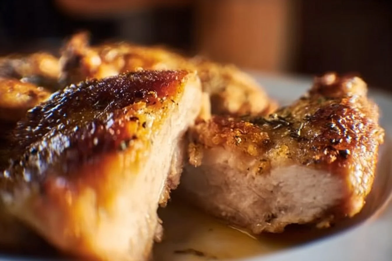 Juicy slow cooker chicken breast dish served on a plate with herbs