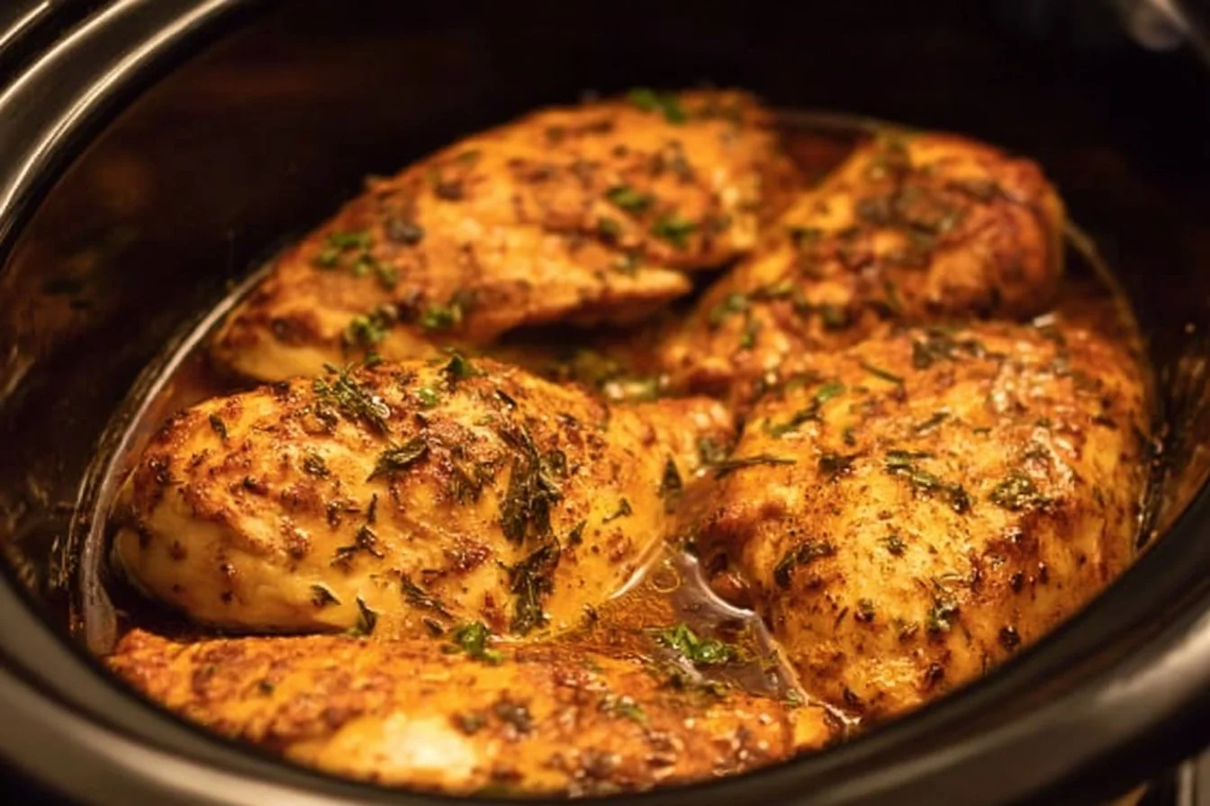 Tender slow cooker chicken breasts served with herbs and spices