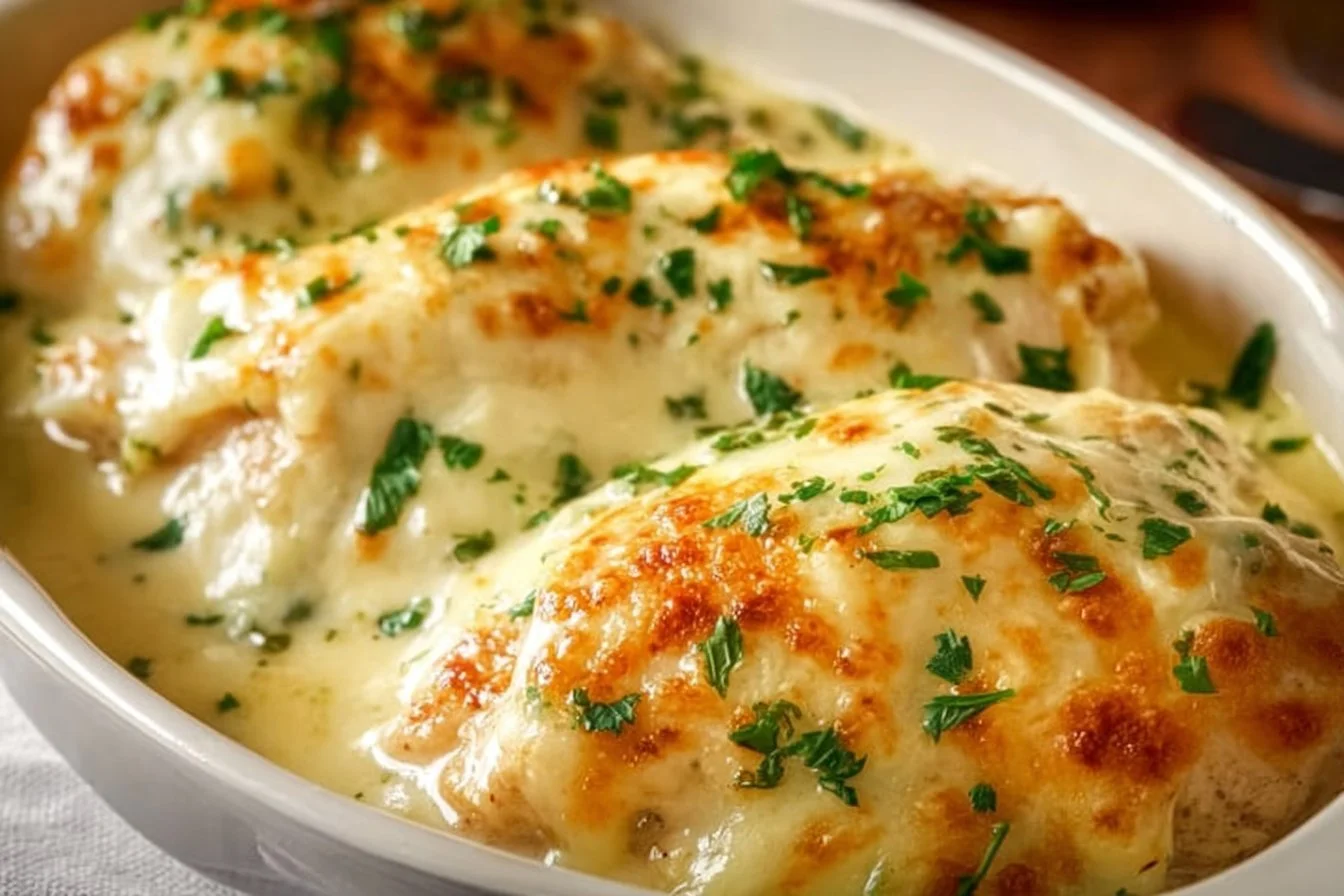 Delicious smothered cheesy sour cream chicken served with a side of vegetables