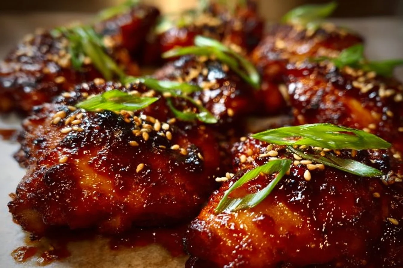 Spicy Korean chicken thighs garnished with sesame seeds and green onions