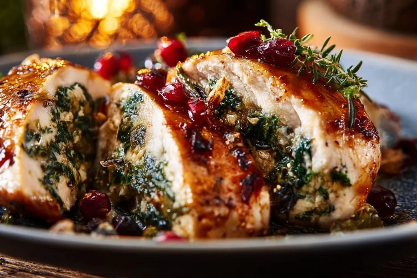 Spinach and cranberry stuffed chicken breasts on a plate