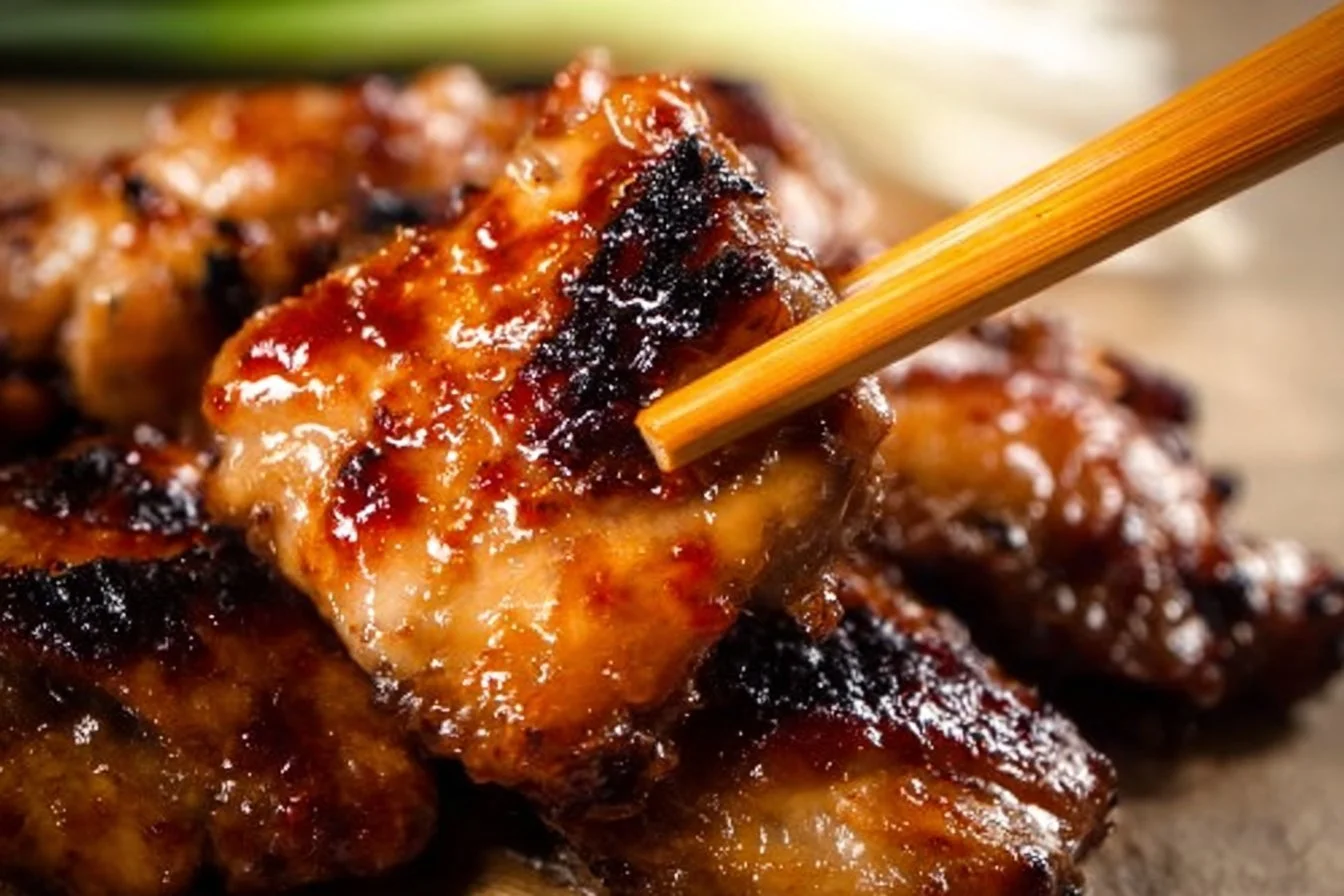 Sticky sweet chili chicken thighs glazed with a bold sauce and garnished.