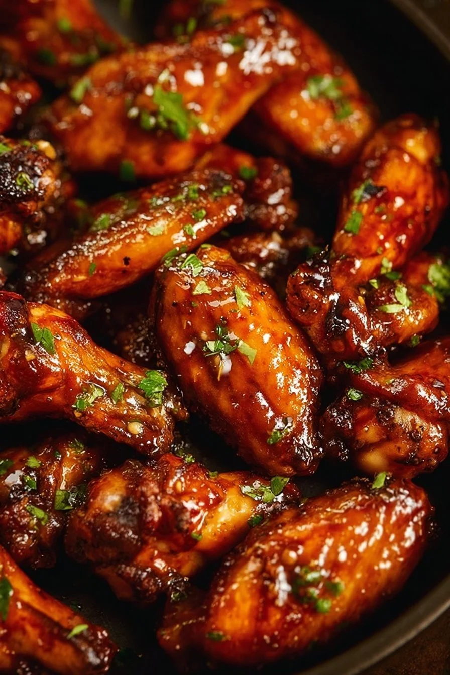 Plate of sweet and spicy chicken wings garnished with herbs