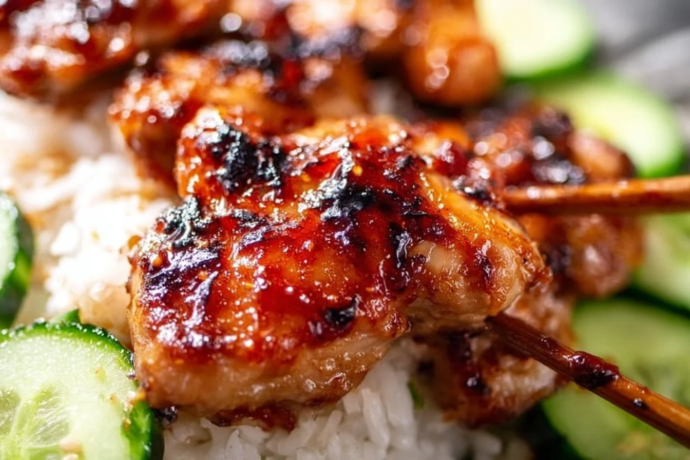 Sweet chili glazed chicken thighs garnished with green onions on a plate.