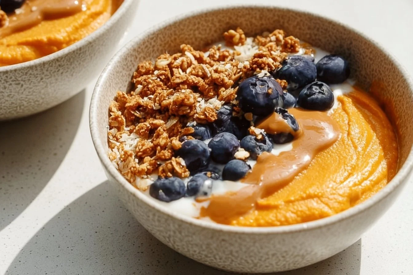 Colorful Sweet Potato Breakfast Bowl with toppings