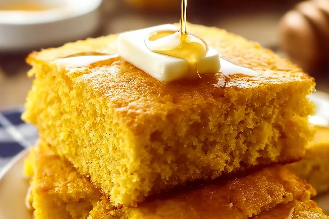 Delicious slice of sweet potato cornbread topped with butter and fresh herbs