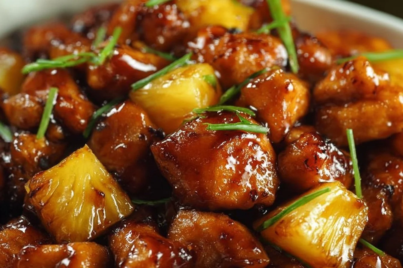 Delicious pineapple bourbon chicken served with a sticky glaze.