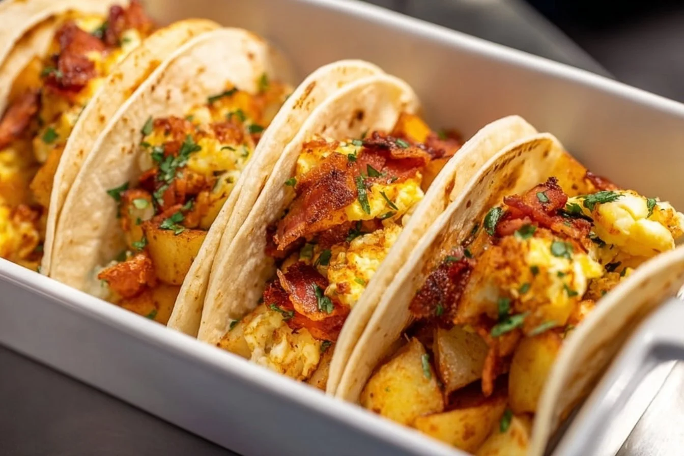 Delicious baked breakfast tacos with eggs, cheese, and vegetables