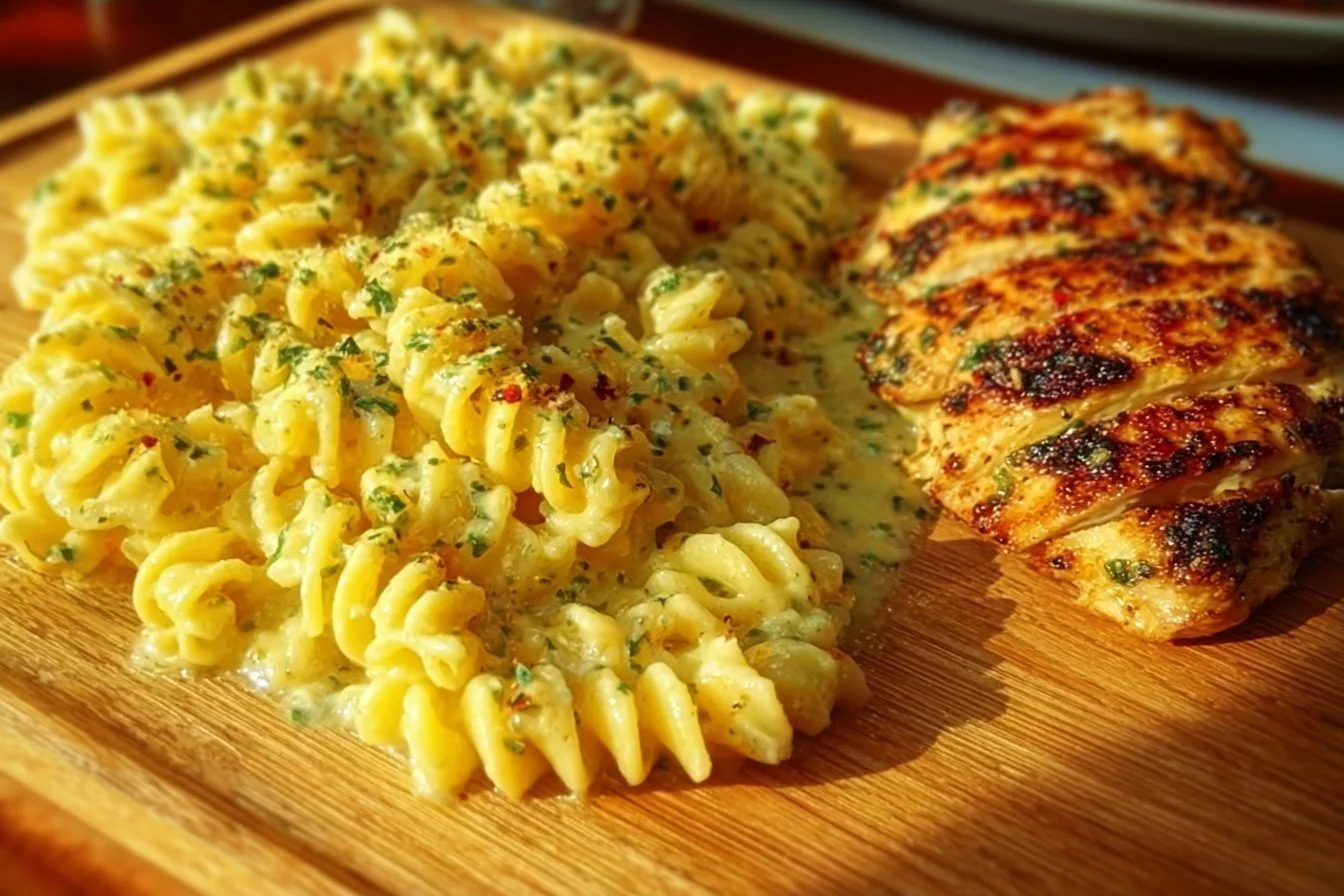 Creamy garlic parmesan chicken pasta served in a bowl, garnished with parsley.