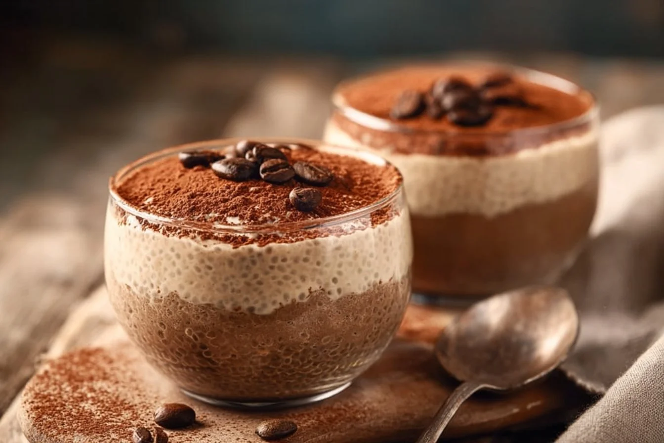 Delicious tiramisu chia pudding topped with Greek yogurt and cocoa powder.