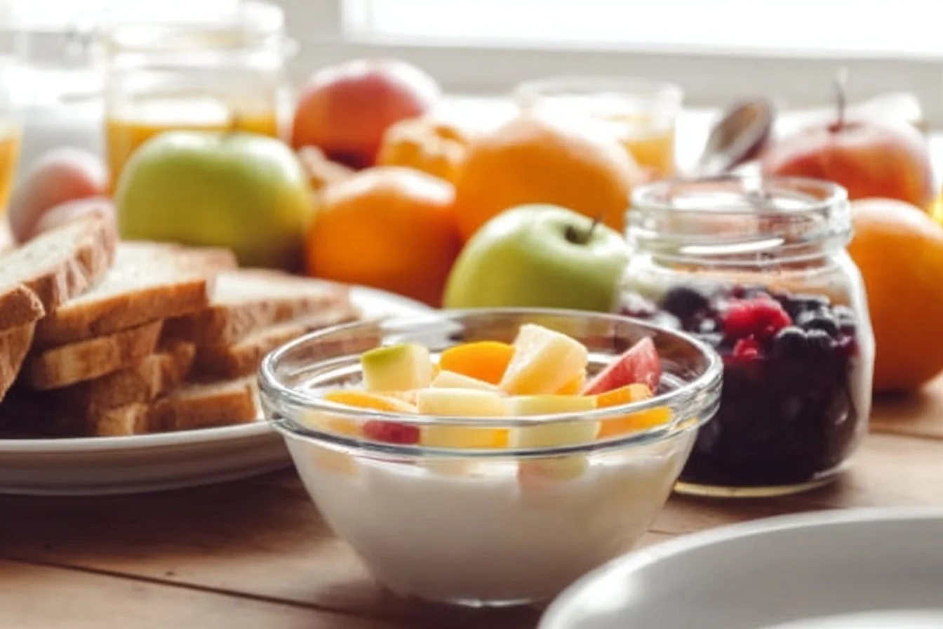 A variety of cheap breakfast ideas including oatmeal, eggs, and toast.