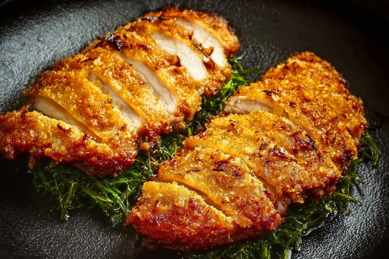 Crispy air fryer breaded chicken breast served on a plate