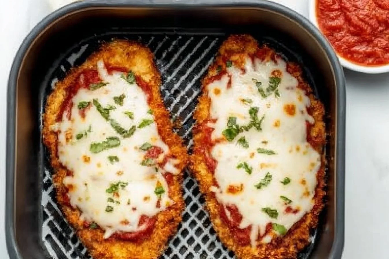 Crispy Air Fryer Chicken Parmesan served on a plate with marinara sauce