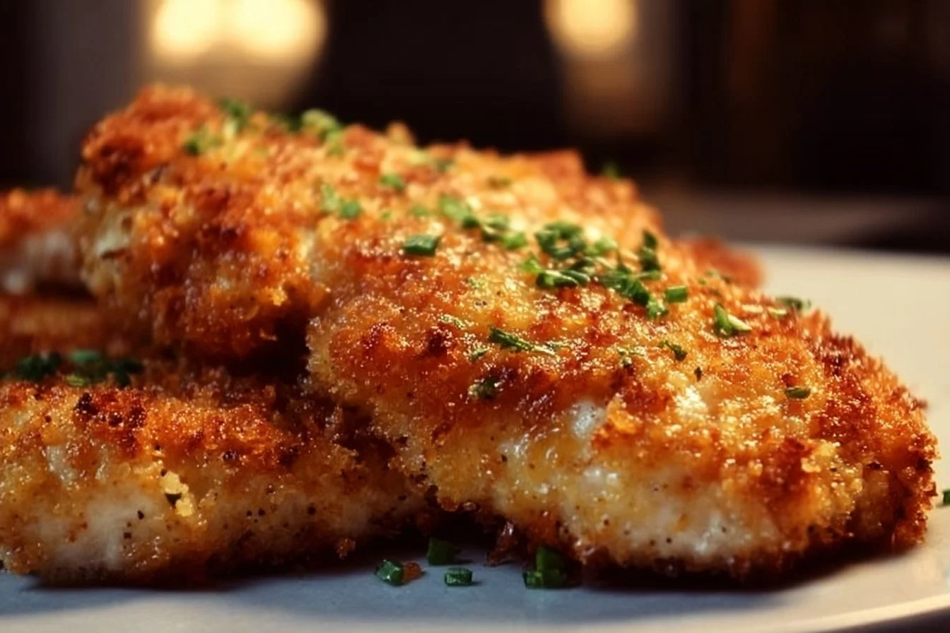 Air fryer Parmesan crusted chicken with golden crispy coating on a plate.