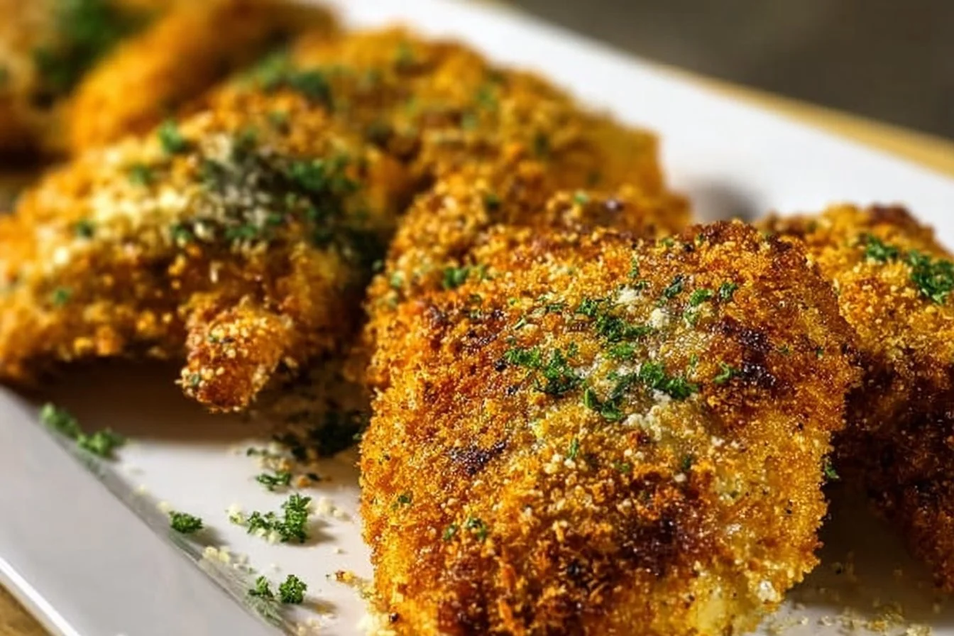 Delicious baked chicken with Parmesan crust on a plate.