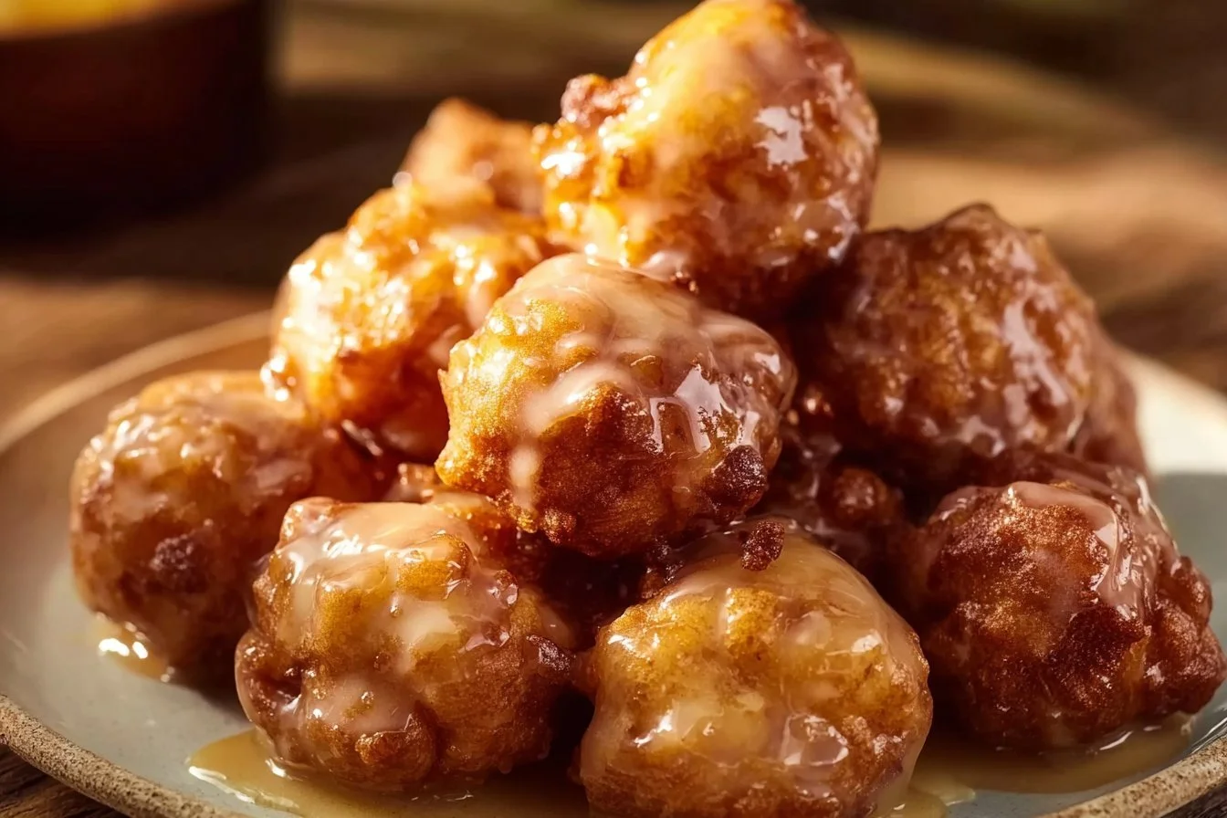 Apple Fritter Bites 4 Delicious apple fritter bites with chunks of apple and glaze on a plate