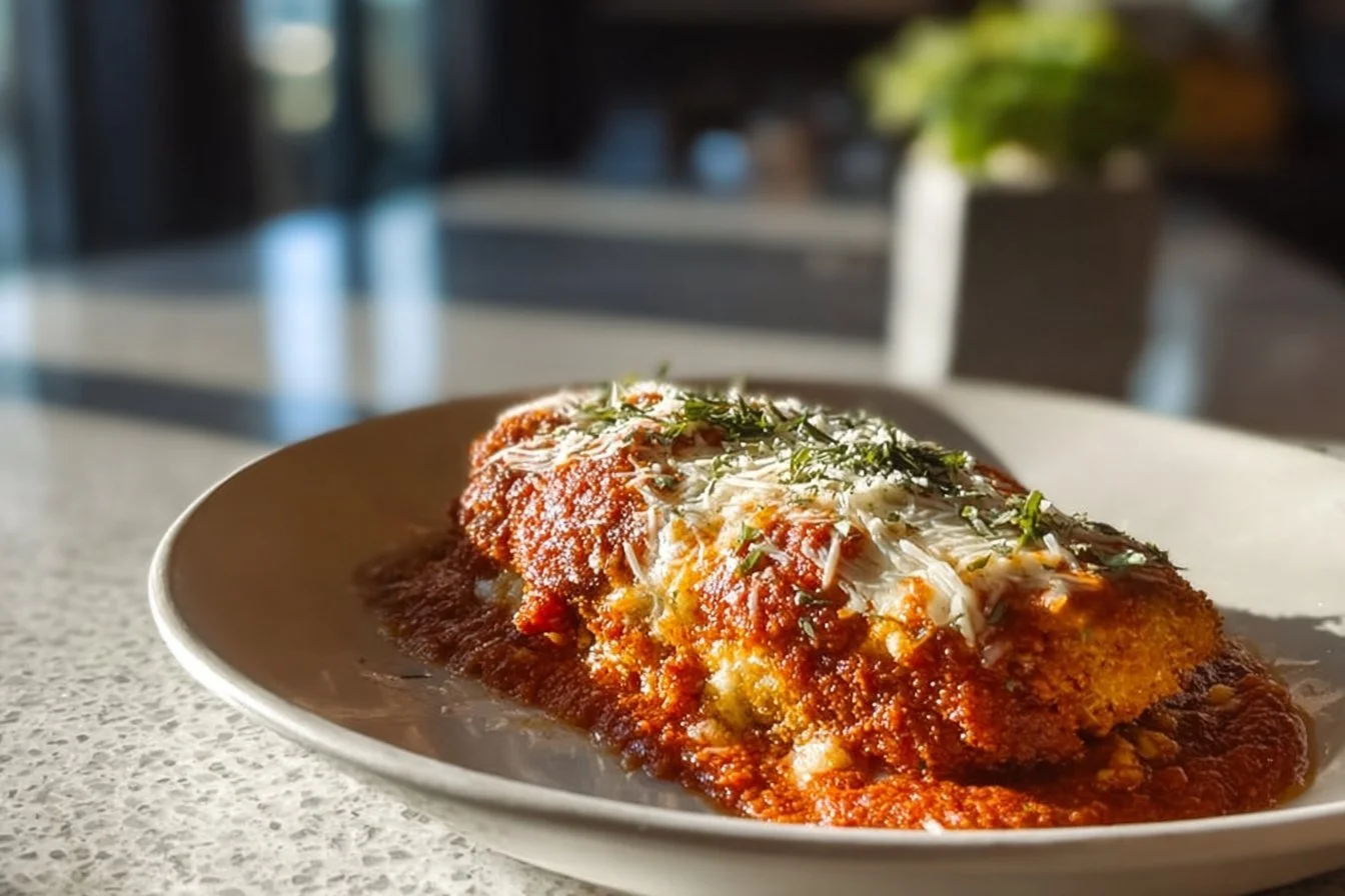 Arthur's Easy Baked Chicken Parmesan 4 Delicious baked chicken parmesan dish on a plate with marinara and cheese.
