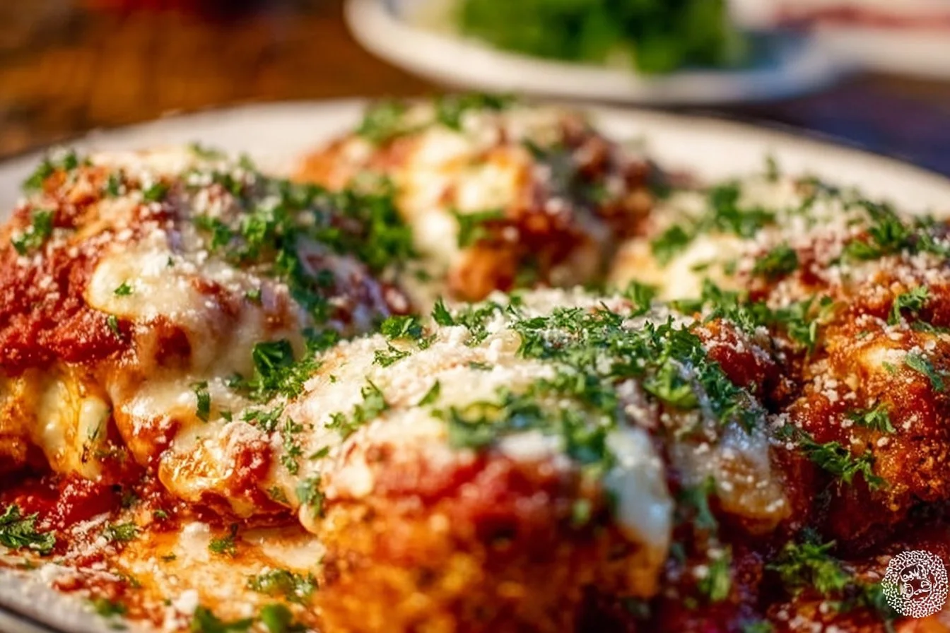 Plate of authentic Chicken Parmesan with marinara sauce and pasta garnish.